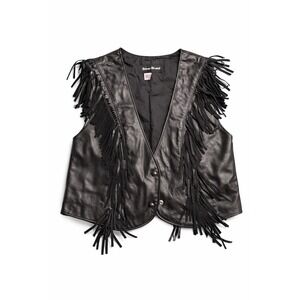Steer Brand Womens Black Leather Fringe Vest Western Biker USA Made
